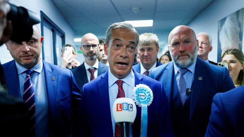 Britain's Reform UK Party Leader Nigel Farage speaks to the media after winning his first seat in parliament during the UK election in Clacton-on-Sea, Britain, on July 5, 2024.