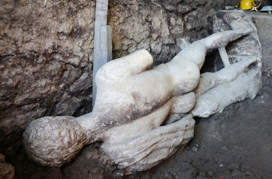 A view shows a marble statue, uncovered by archaeologists at the site of the remains of the ancient city of Heraclea Sinitica, near the village of Rupite, Bulgaria, July 5, 2024. REUTERS/Spasiyana Sergieva