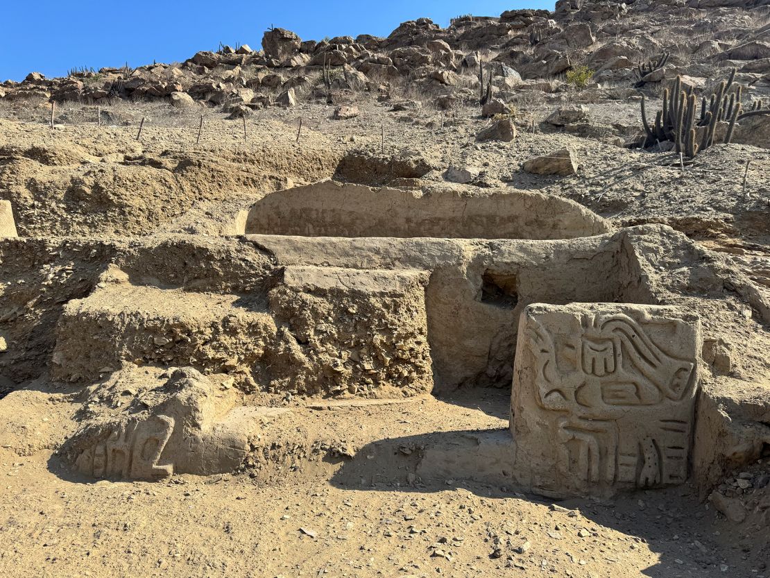 Pieces of what appear to be parts of a 4,000-year-old ceremonial temple in Peru.