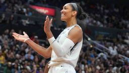 Jul 5, 2024; Los Angeles, California, USA; Las Vegas Aces center A'ja Wilson (22) reacts against the LA Sparks in the second half at Crypto.com Arena. Mandatory Credit: Kirby Lee-USA TODAY Sports