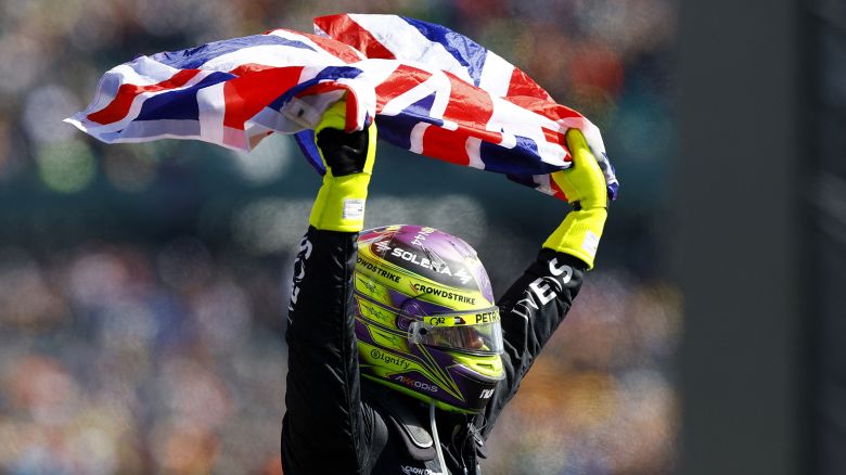 Lewis Hamilton celebrates after winning the British Grand Prix.