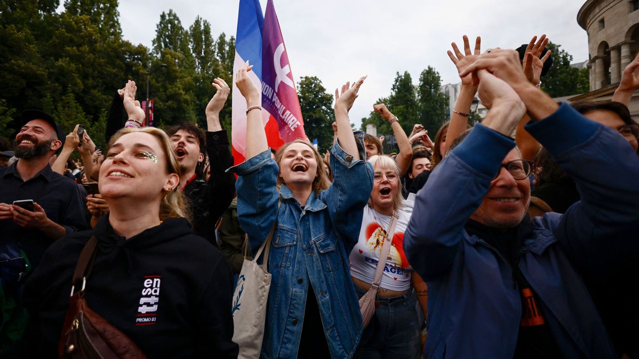Supporters of French far-left opposition party La France Insoumise (France Unbowed - LFI) react after partial results in the second round of the early French parliamentary elections at Place Stalingrad in Paris, France, July 7, 2024. REUTERS/Yara Nardi