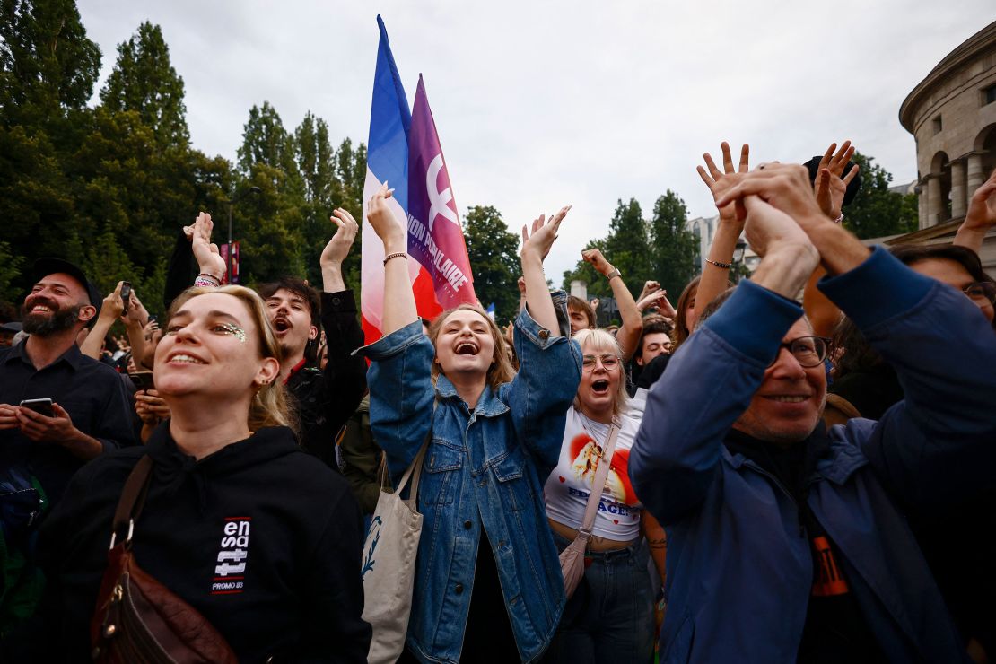 Supporters of the far-left France Unbowed party cheers the results near Stalingrad square in Paris.