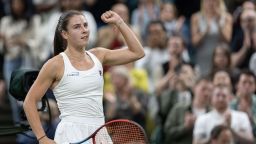 Jul 7, 2024; London,United Kingdom; Emma Navarro of the United States celebrates winning her match against Coco Gauff of the United States (not shown) on day seven of The Championships at All England Lawn Tennis and Croquet Club. Mandatory Credit: Susan Mullane-USA TODAY Sports