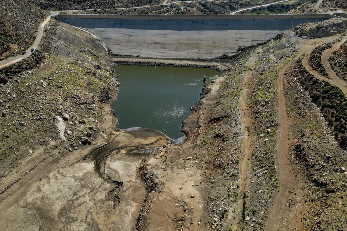 A drone view shows the Eggares irrigation dam on the island of Naxos, Greece on June 20, 2024.