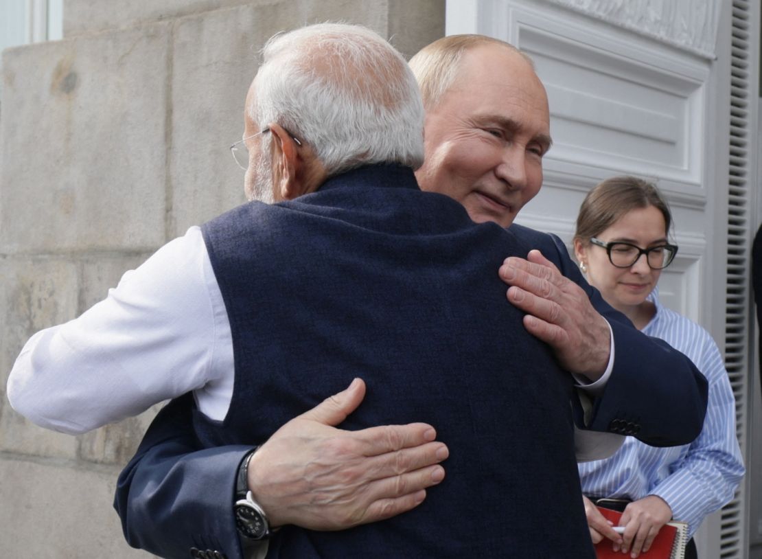 Putin bids farewell to Modi following a meeting at the Kremlin in Moscow, Russia, July 9, 2024.