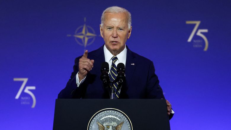 U.S. President Joe Biden speaks at a NATO event to commemorate the 75th anniversary of the alliance, in Washington, U.S., July 9, 2024. REUTERS/Yves Herman 

