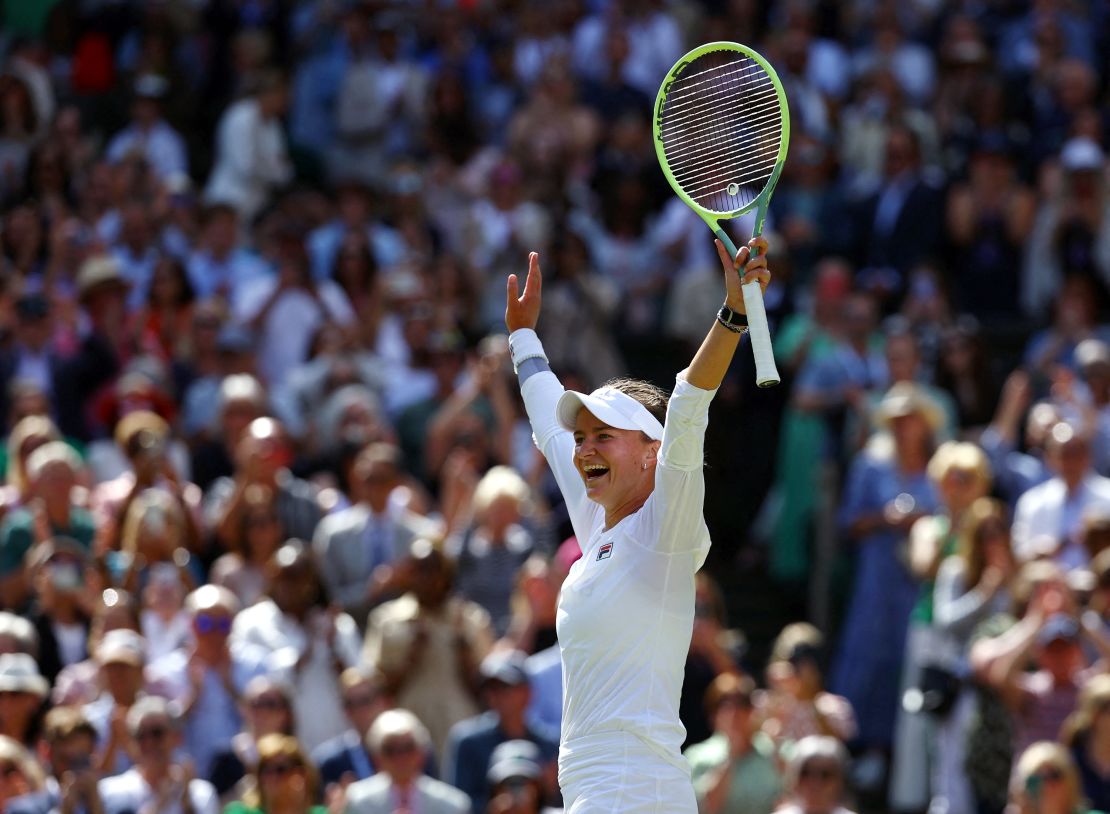  Barbora Krej?íková celebrates winning the Wimbledon final.