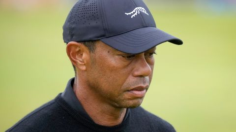 Jul 17, 2024; Ayrshire, SCT; Tiger Woods walks to the 16th tee during practice rounds at the Open Championship golf tournament at Royal Troon.