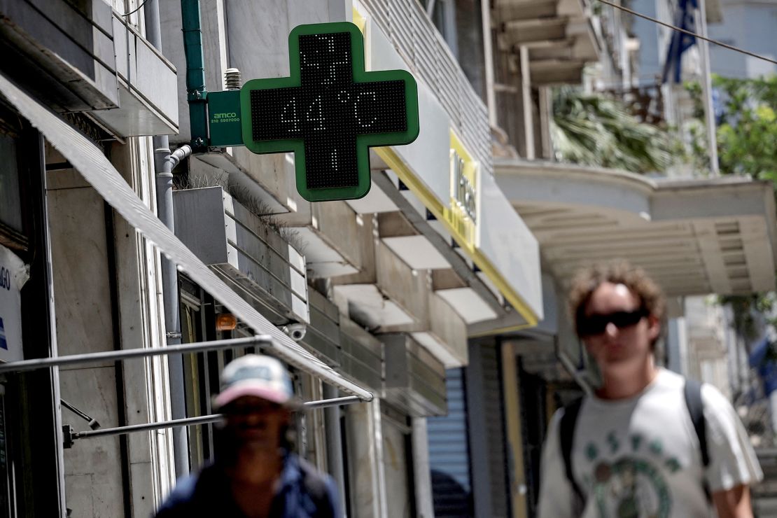 A thermometer shows 44 degrees Celsius in Athens on July 18, 2024.