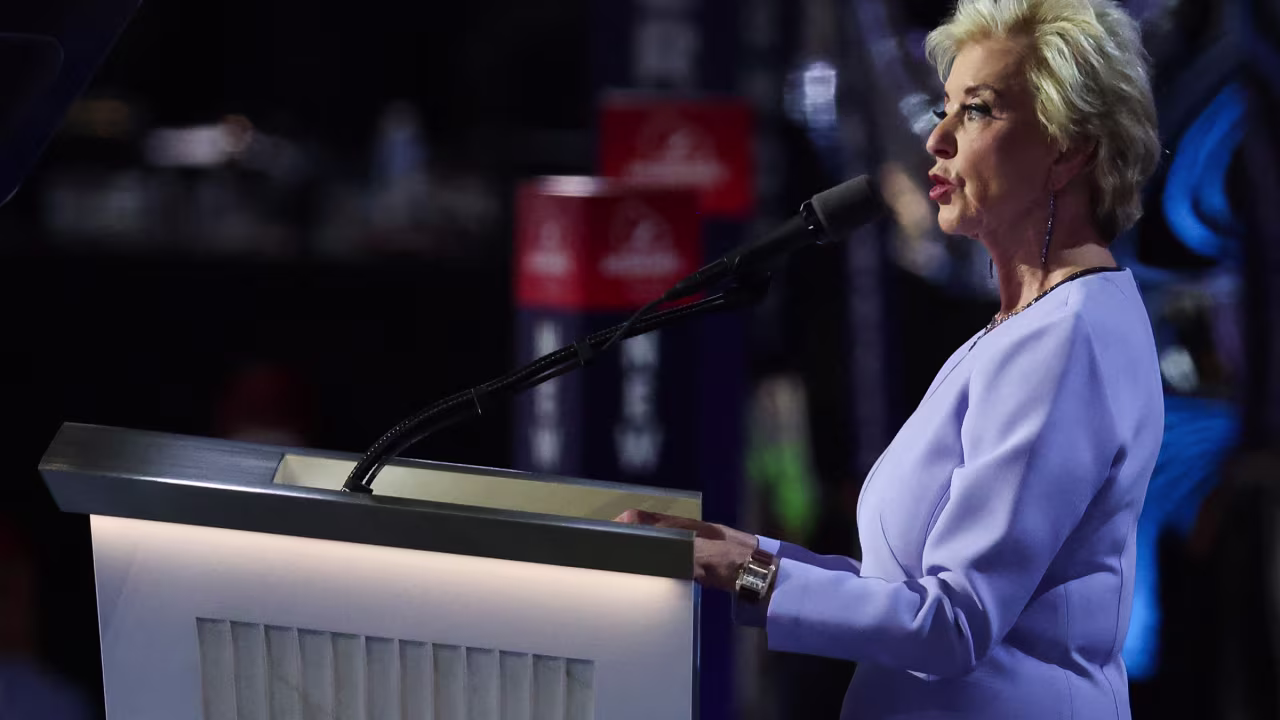 Linda McMahon, former Administrator of Small Business Administration, speaks at  the Republican National Convention, at the Fiserv Forum in Milwaukee, Wisconsin, on July 18, 2024.