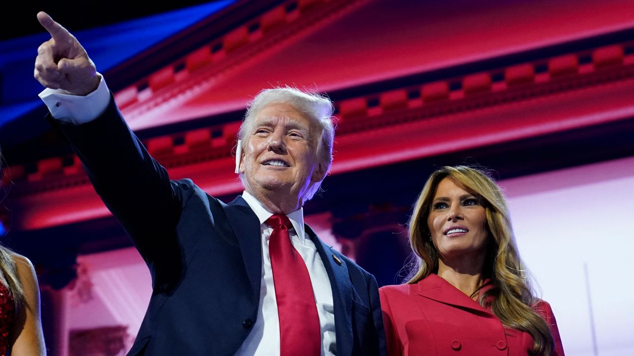 Former President Donald Trump and Former first lady Melania Trump appear on stage at the Republican National Convention in Milwaukee on July 18.