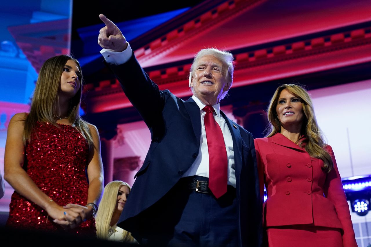 Former President Donald Trump and Former first lady Melania Trump appear on stage at the Republican National Convention in Milwaukee on July 18.