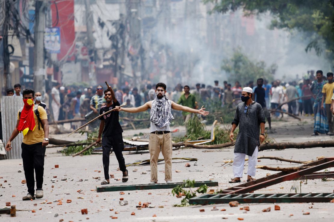 Protesters clashed with Border Guard Bangladesh (BGB) and the police outside the state-owned Bangladesh Television in Dhaka on July 19, 2024, as violence erupted across Bangladesh after anti-quota protests by students.