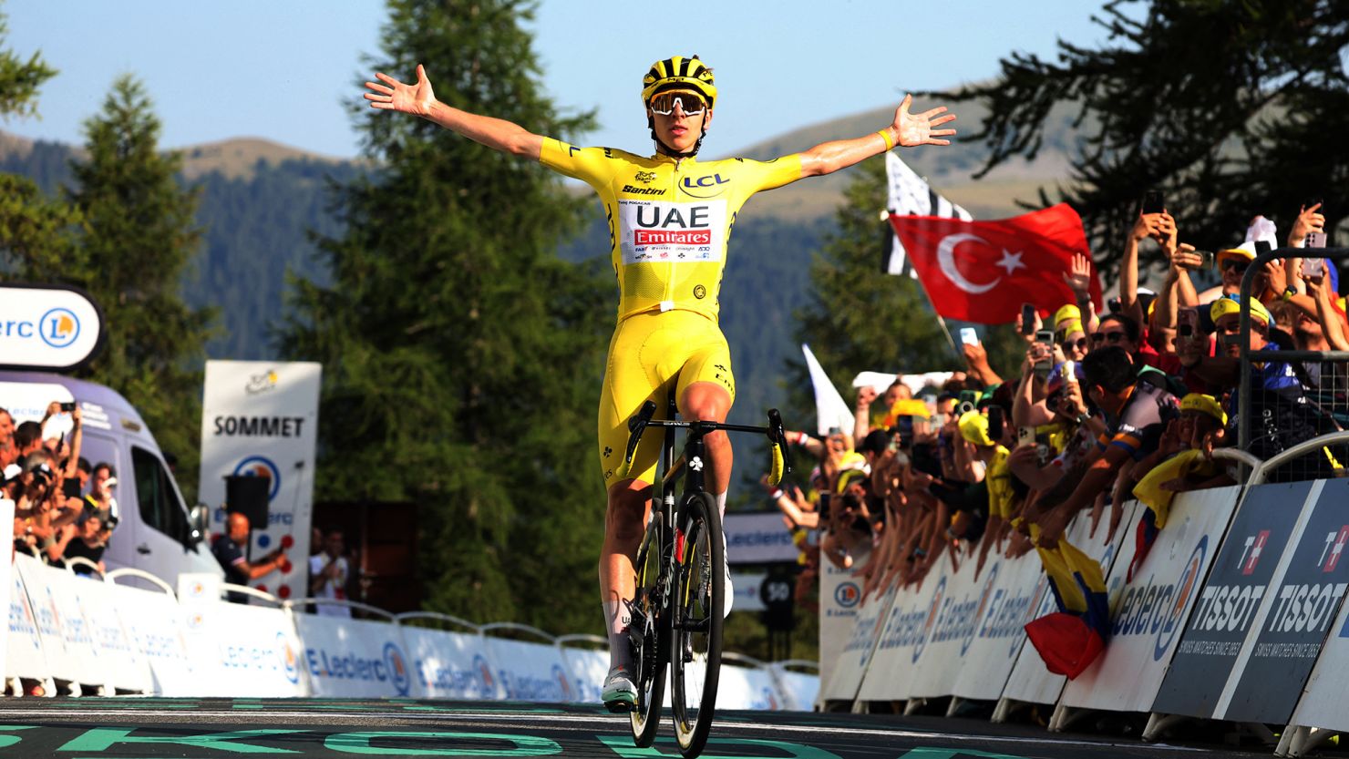 Tadej Poga?ar celebrates winning stage 20 of this year's Tour de France.