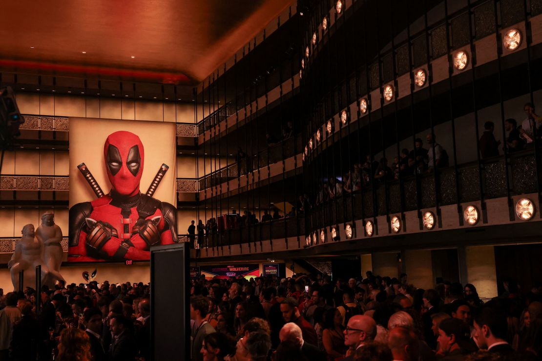 A poster of Deadpool hangs at the David H. Koch Theater during the premiere of "Deadpool and Wolverine" in New York City on July 23.