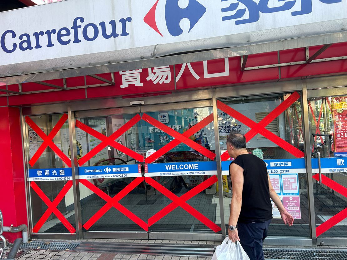 Businesses taped windows in preparation for Typhoon Gaemi in Taipei, Taiwan on July 23, 2024.