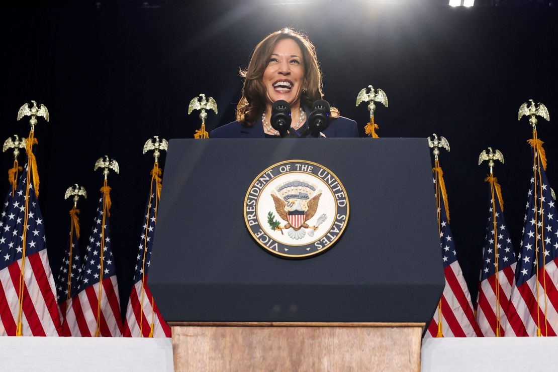 Vice President Kamala Harris speaks at a campaign event in West Allis, Wisconsin, on July 23, 2024.