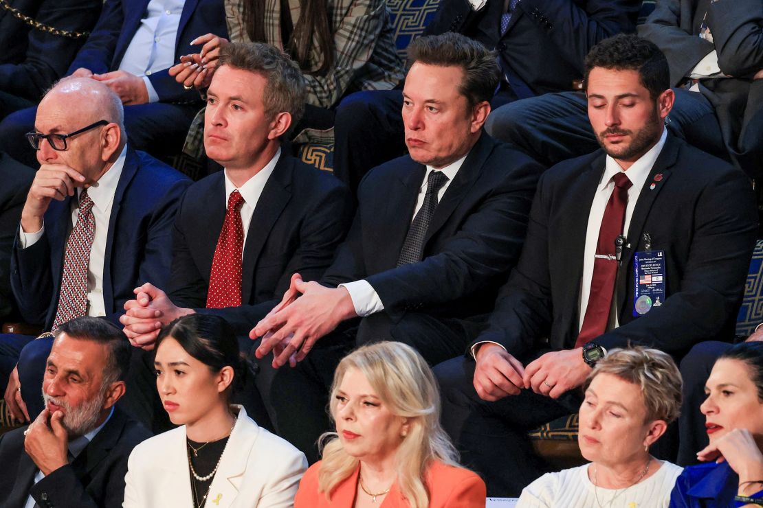 Tesla CEO Elon Musk, top row, second from right, is seen during a joint meeting of Congress at the US Capitol in Washington, DC, on July 24, 2024.