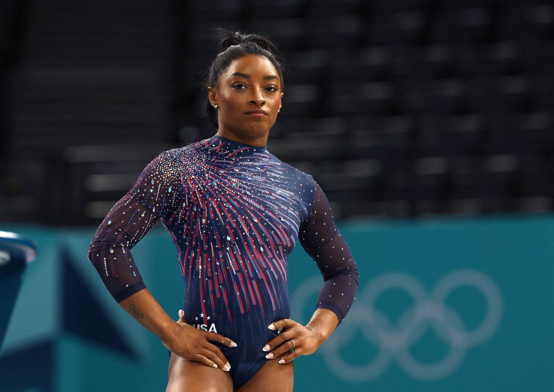 Biles trains at the Bercy Arena ahead of the Paris Olympics.