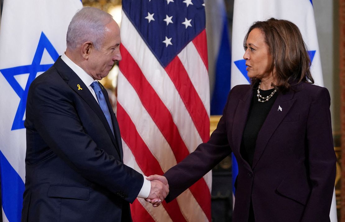 U.S. Vice President Kamala Harris meets with Israeli Prime Minister Benjamin Netanyahu at the Eisenhower Executive Office Building on the White House grounds, in Washington, DC, U.S., July 25, 2024.