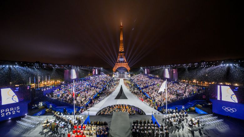 Paris 2024 Olympics - Opening Ceremony - Paris, France - July 26, 2024. Overview of the Trocadero venue, with the Eiffel Tower looming in the background while the Olympic flag is being raised, during the opening ceremony of the Paris 2024 Olympic Games.  FRANCOIS-XAVIER MARIT/Pool via REUTERS