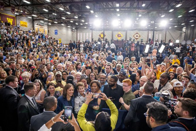 Harris, bottom left in the blue jacket, attends <a >her first campaign rally</a> in West Allis, Wisconsin, on July 23. The former US senator from California, who previously served as the state’s attorney general, was endorsed by Biden to be his successor.