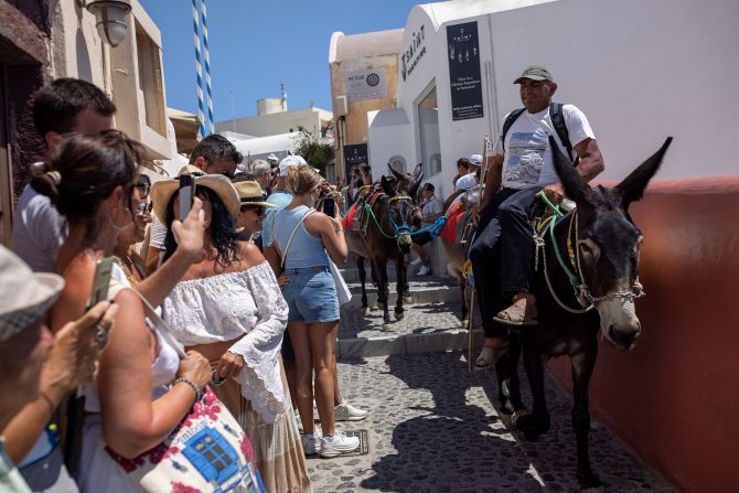 <strong>Four-legged friends: </strong>Donkeys are a traditional method of transport along Santorini's hilly clifftops, and now they're a major tourist draw, too.