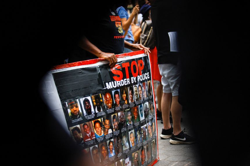 People take part in a rally and vigil for Sonya Massey, who was shot and killed by Sangamon County sheriff's deputies on July 6, 2024, at Washington Square Park in New York City, on July 28, 2024.