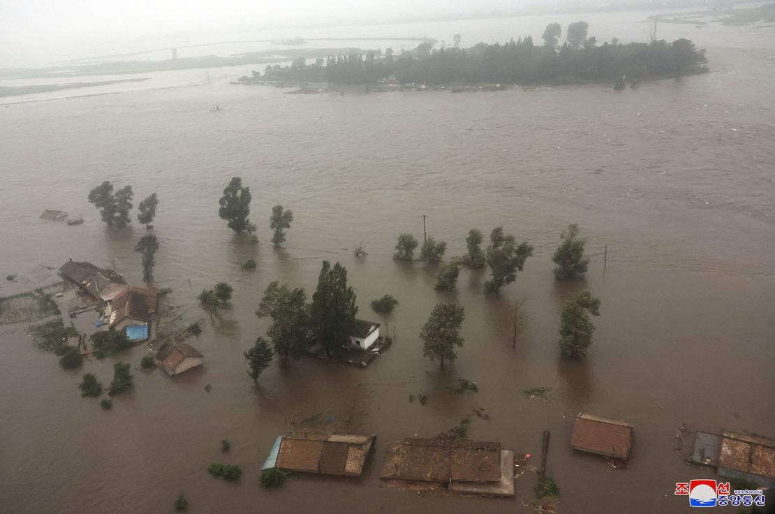 A flooded area in North Korea's North Pyongan province on July 28, pictured in a photo released by North Korea's official Korean Central News Agency.