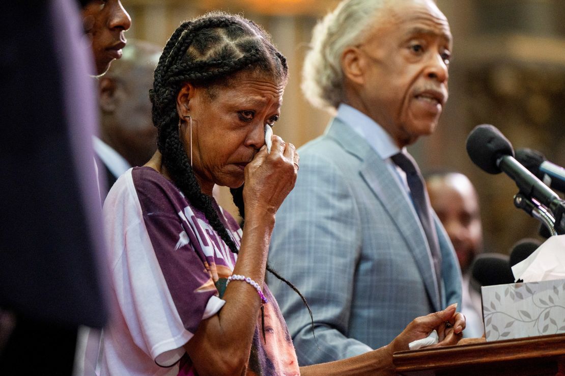 Donna Massey, the mother of Sonya Massey, wipes a tear during a news conference and rally at New Mount Pilgrim Missionary Baptist Church in Chicago, Illinois, on Tuesday.