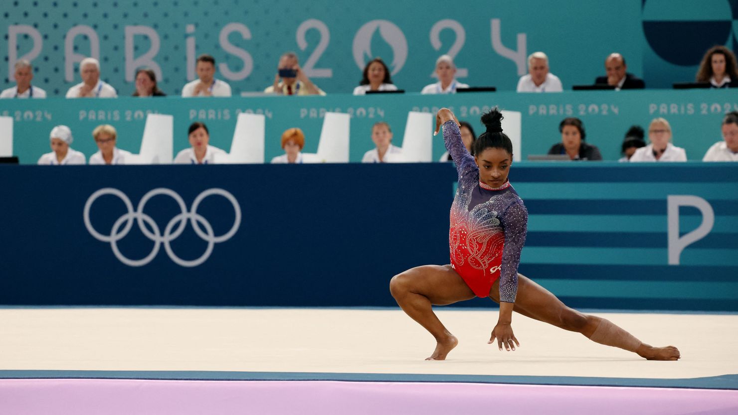 Simone Biles of the United States in action during Monday's floor final at Bercy Arena in Paris.