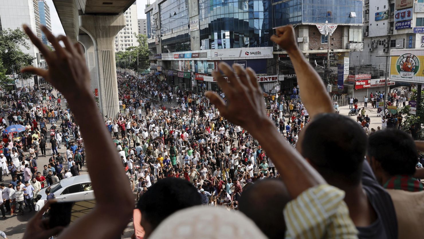 People celebrate the resignation of Prime Minister Sheikh Hasina in Dhaka, Bangladesh, on August 5, 2024.