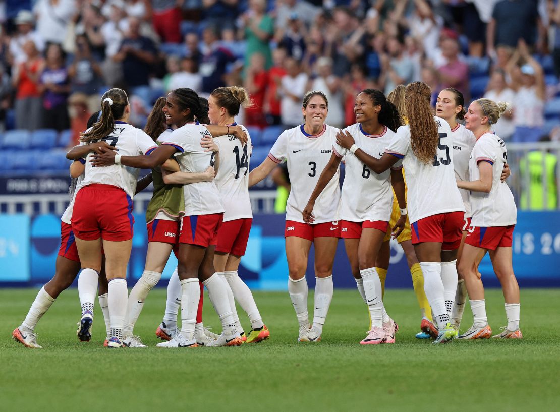 US players celebrate their late goal against Germany in the semifinals of the Olympic Games.