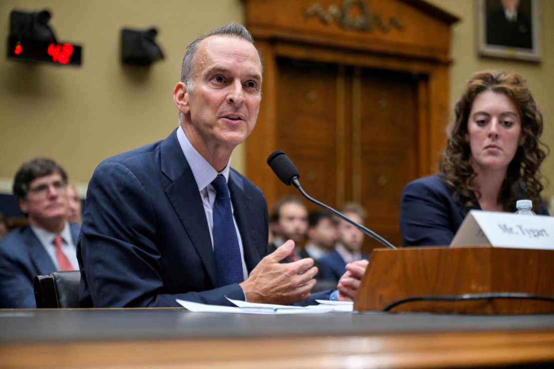 US Anti-Doping Agency CEO Travis Tygart testifies alongside US swimmer Allison Schmitt before a House Energy and Commerce Oversight and Investigations Subcommittee hearing on anti-doping measures ahead of the 2024 Olympics on June 25.