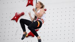 Paris 2024 Olympics - Climbing - Women's Speed, Big Final - Le Bourget Sport Climbing Venue, Le Bourget, France - August 07, 2024. Aleksandra Miroslaw of Poland celebrates winning gold medal.