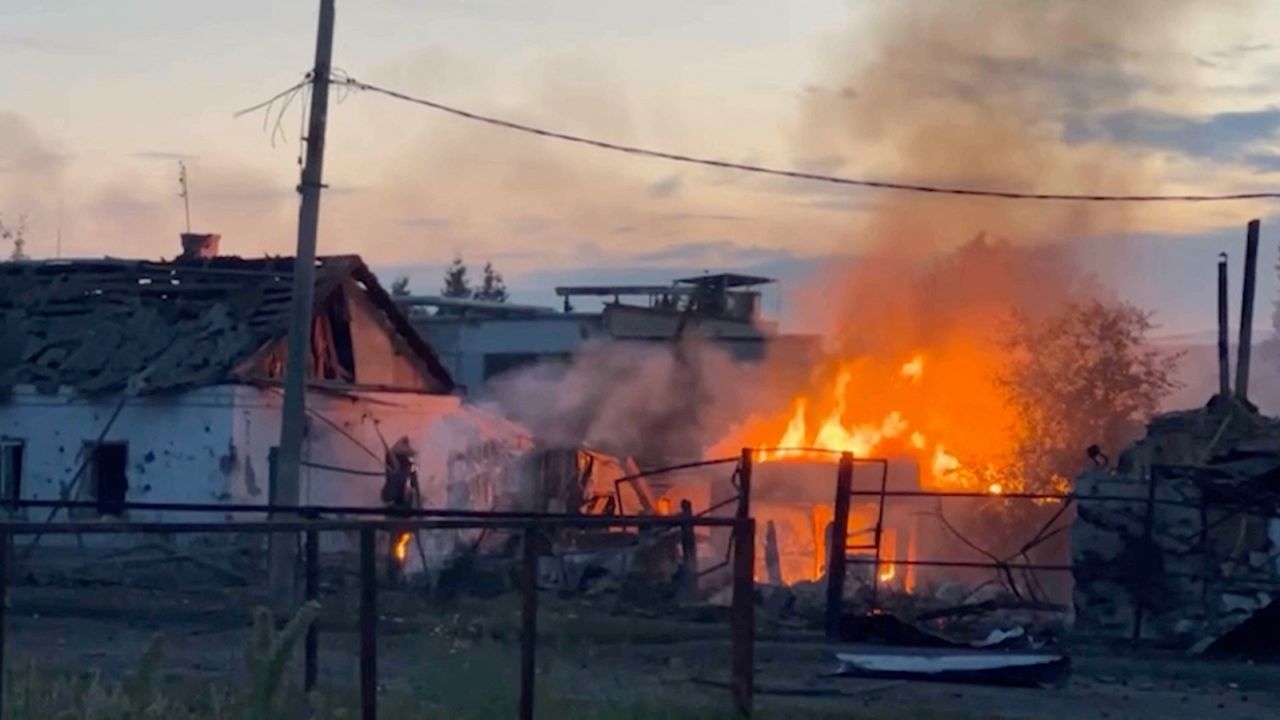 A building burns in the Russian town of Sudzha following Ukraine's incursion into Kursk region, August 7, 2024.