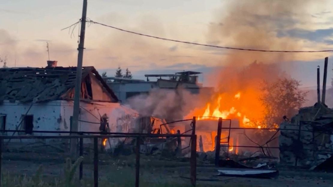 A view of a building on fire in the town of Sudzha following an incursion of Ukrainian troops into the Kursk region, Russia, in this still image from video taken August 7.