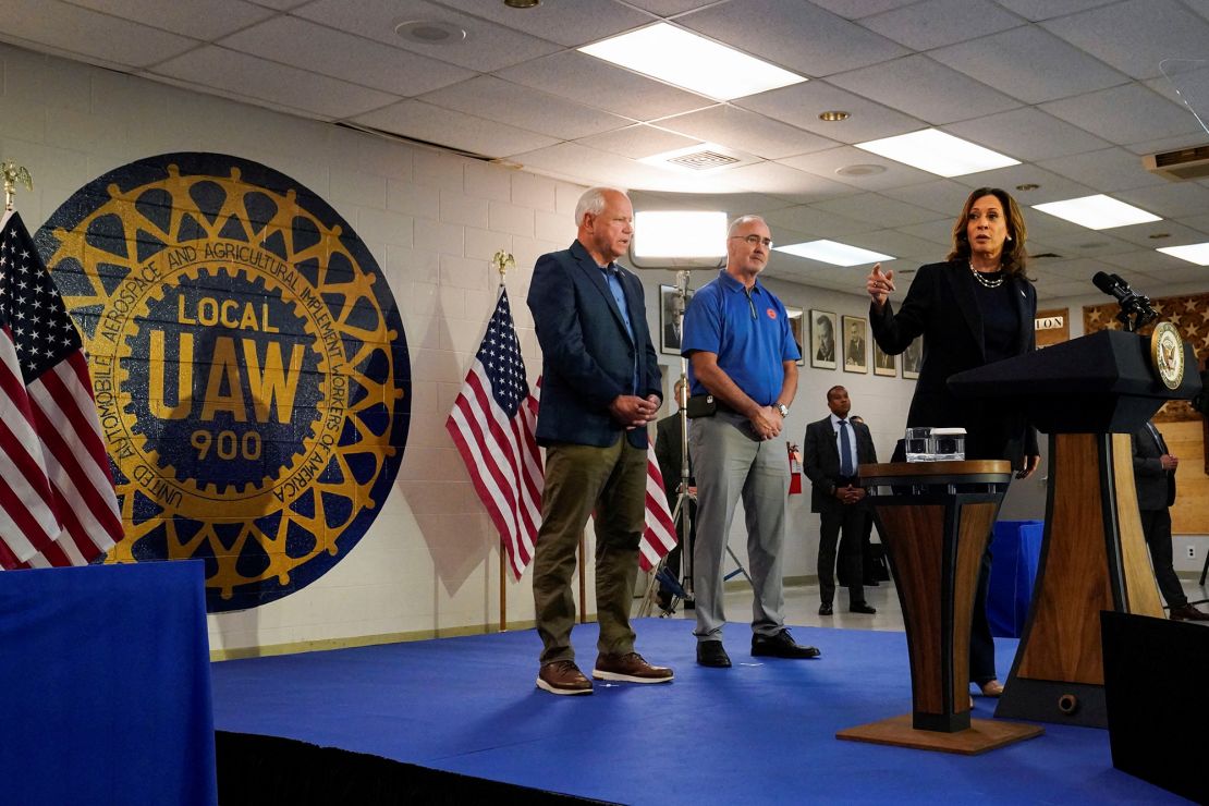 Vice President Kamala Harris speaks during a campaign event with Democratic vice presidential candidate Minnesota Governor Tim Walz and UAW President Shawn Fain at the UAW Local 900 in Wayne, Michigan in August.