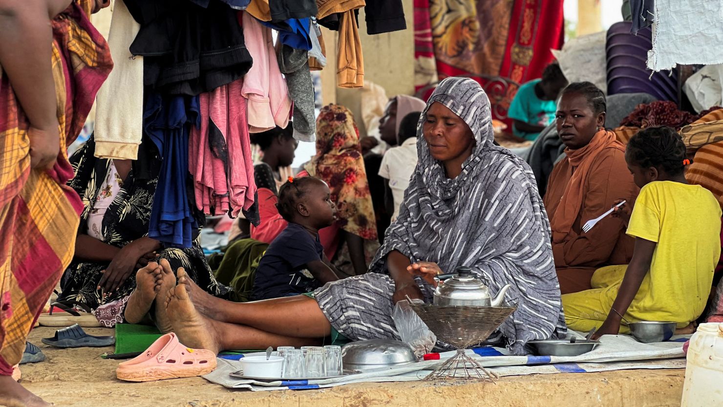 Families displaced by RSF advances in Sudan's El Gezira and Sennar states shelter at the Omar ibn al-Khattab displacement site, Kassala state, Sudan, on July 10, 2024