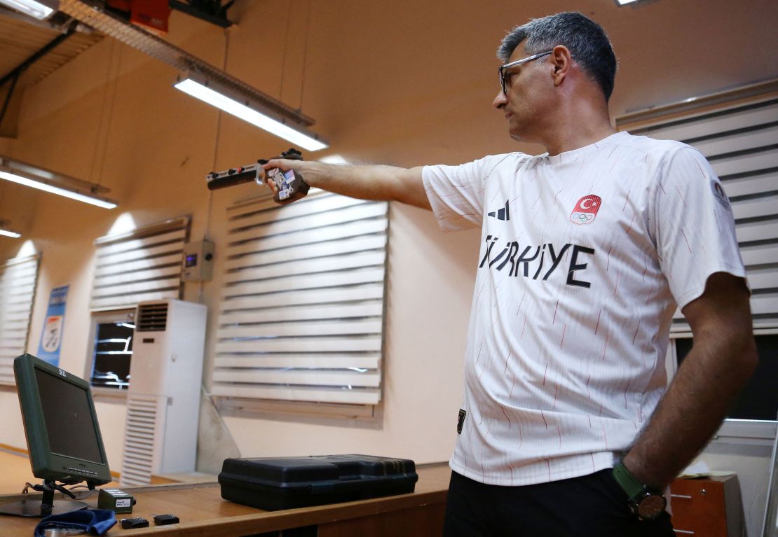 Turkish shooter Yusuf Dikec, who won the silver in the mixed team 10-meter air?pistol?event in Paris 2024 Olympics combined with Sevval Ilayda Tarhan, is pictured during a training in Ankara, Turkey.