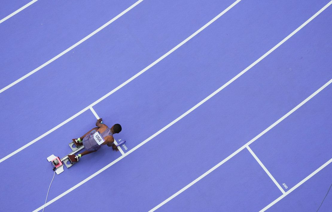 Wilson enters the starting block at last year's Olympics.