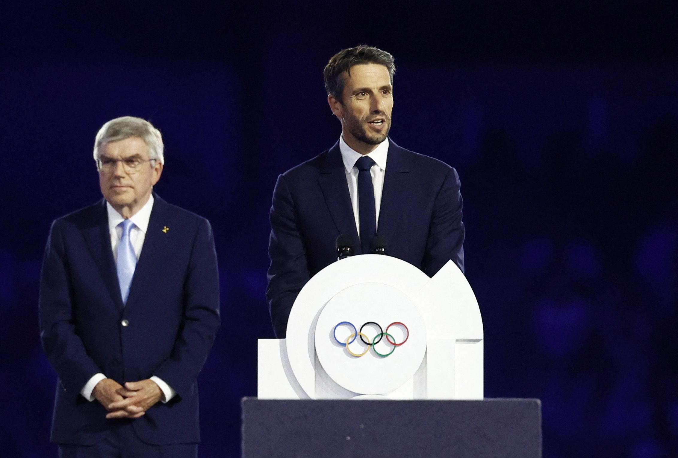 Tony Estanguet, president of the Paris 2024 organizing committee, delivers a speech at the closing ceremony.