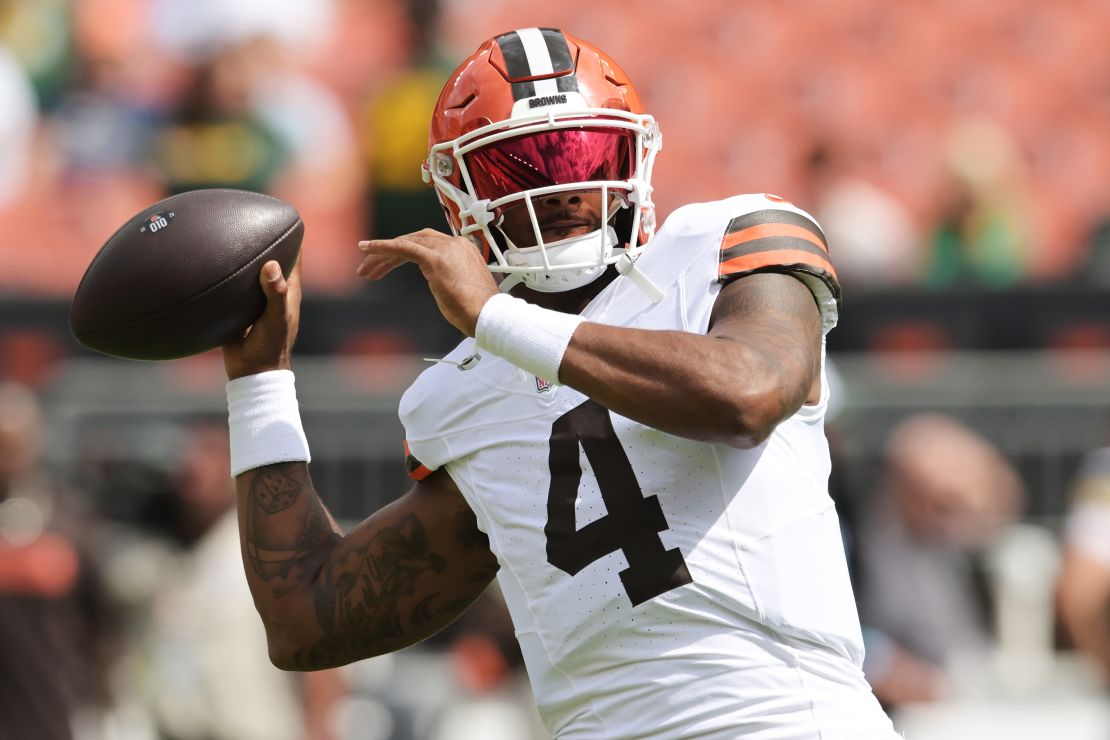 Aug 10, 2024; Cleveland, Ohio, USA; Cleveland Browns quarterback Deshaun Watson (4) before the game against the Green Bay Packers at Cleveland Browns Stadium. Mandatory Credit: Ken Blaze-USA TODAY Sports