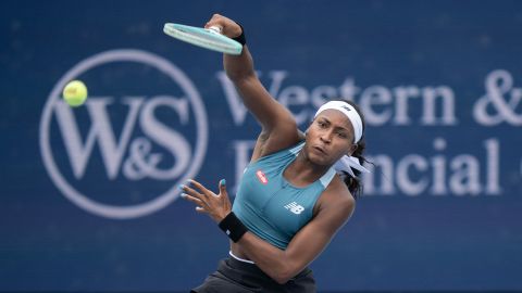 Aug 15, 2024; Cincinnati, OH, USA ; Coco Gauff of the United States returns a shot against Yulia Putintseva of Kazakhstan on day four of the Cincinnati Open. Mandatory Credit: Susan Mullane-USA TODAY Sports