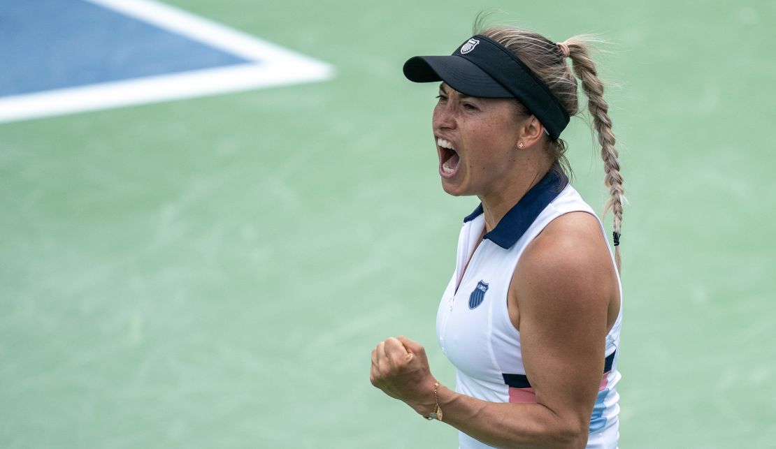 Aug 15, 2024; Cincinnati, OH, USA ; Yulia Putintseva of Kazakhstan reacts after winning the first set of a match against Coco Gauff of the United States on day four of the Cincinnati Open. Mandatory Credit: Susan Mullane-USA TODAY Sports