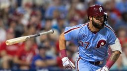 Aug 15, 2024; Philadelphia, Pennsylvania, USA; Philadelphia Phillies outfielder Weston Wilson (37) hits a double during the eighth inning to complete the cycle against the Washington Nationals at Citizens Bank Park. Mandatory Credit: Bill Streicher-USA TODAY Sports