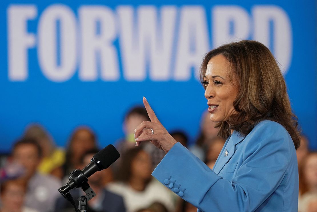 Vice President Kamala Harris speaks during an event in Raleigh, North Carolina, on August 16.