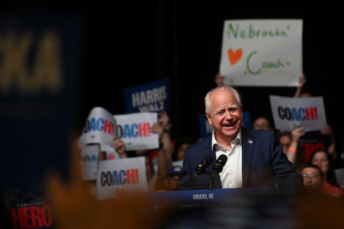 Minnesota Gov. Tim Walz speaks during a campaign visit to his home state in Omaha, Nebraska, on August 17, 2024.