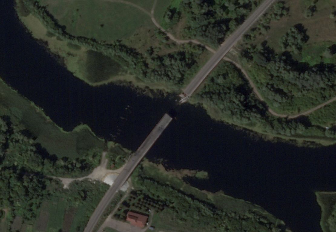 A satellite image shows a bridge over the Seym River in Glushkovo District collapsed after a Ukrainian attack in Kursk Region, Russia, August 17, 2024.